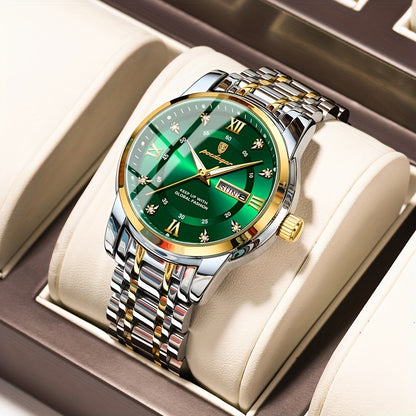 1pc Men's Fashion Stainless Steel Quartz Watch with Date Function, Rhinestone Accents, Luminous Hands, Round Dial - Casual Style, Battery Powered, Water Resistant, Ideal Gift for Birthdays and Anniversaries