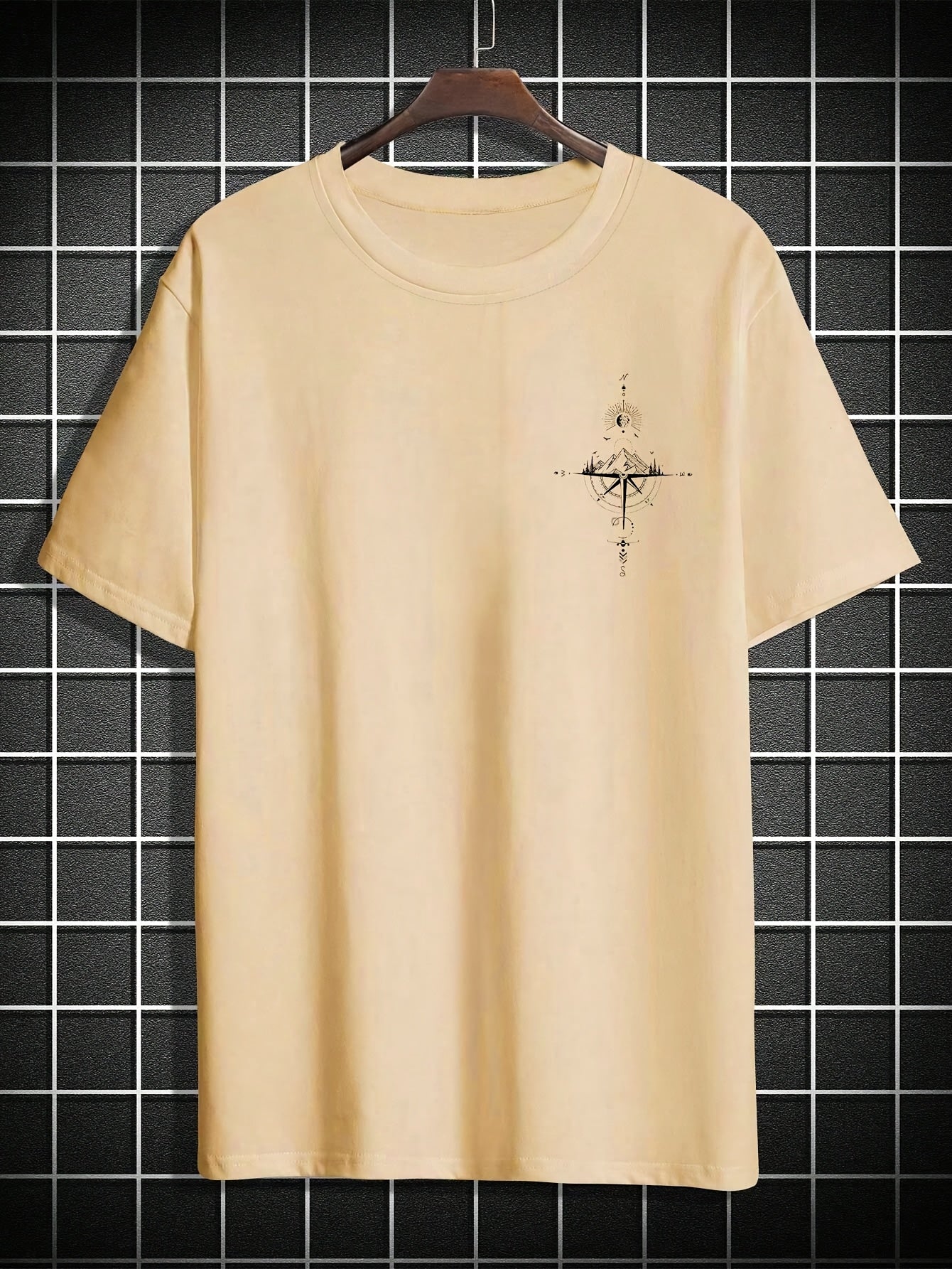 Men's Casual Compass Print T-Shirt - Breathable Polyester, Crew Neck, Short Sleeve - Perfect for Summer