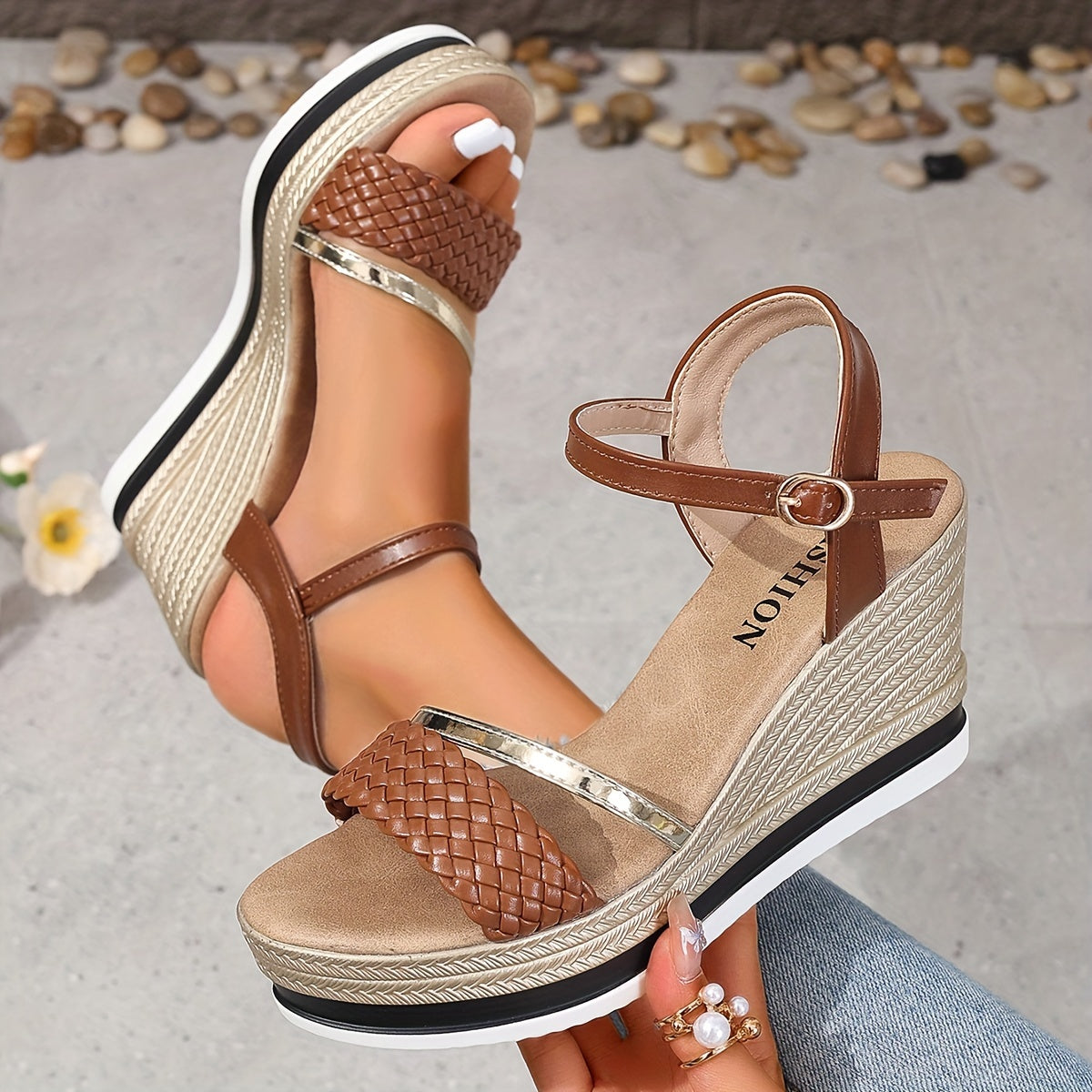 2024 New Arrival - Elegant 8.5cm High Heel Sandals with Golden & White Strap Design, Comfortable Platform Wedge for Women, Summer Fashion Footwear, Stylish Ankle Accessories | Elegant High Heel | Platform Wedge Sandals