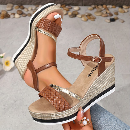 2024 New Arrival - Elegant 8.5cm High Heel Sandals with Golden & White Strap Design, Comfortable Platform Wedge for Women, Summer Fashion Footwear, Stylish Ankle Accessories | Elegant High Heel | Platform Wedge Sandals