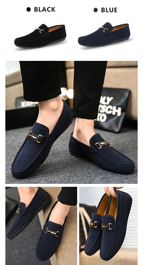 Men'S Slip-On Loafers - Black Faux Casual Shoes with Golden-Tone Buckle Straps, Round Toe & Non-Slip Rubber Sole for All-Season Comfort, Party & Casual Attire, Party Footwear, Sleek Shoe Design, Durable Footwear