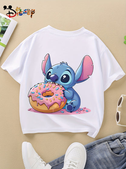 Cute Stitch Print Kids Short Sleeve Shirt 1-12Y Boys Girls Summer Outdoor Soft Fabric Breathable Top Perfect Birthday & Holiday Present