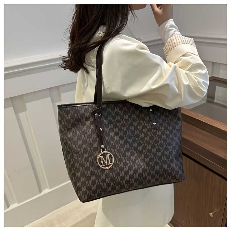 2025 Women's Designer-Inspired Large Tote Bag - Geometric Synthetic Leather Handbag with Detachable Golden Chain Strap & 'M' Monogram Accent, Lightweight Work Purse for Office, School, Shopping - Coffee Brown, Beige, Black -