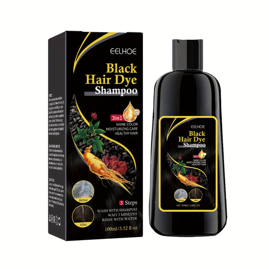 EELHOE Black Hair Dye Shampoo with 3-in-1 Formula - Natural Plant-Based Color Care, 3 Steps to Wash & Condition, No Damage to Scalp, Natural Ingredients for Men & Women, Stylish Black Hair, Nourishing Hair Care, Sleek Packagi