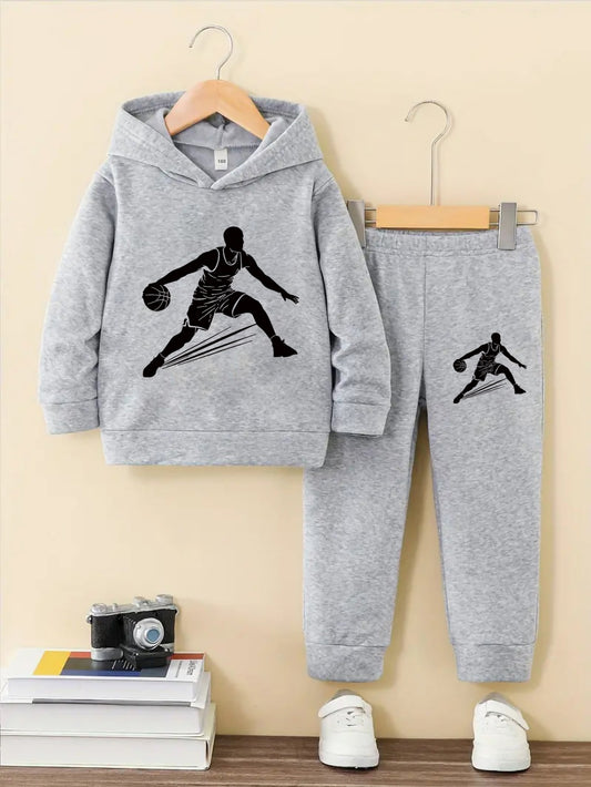 2pcs Boys Basketball Player Print Hoodie Set, Long Sleeve Hooded Sweatshirt And Sports Pants, Polyester 100.00% Knit Fabric, Casual Style, Medium Stretch, Fall/Winter Season, for Outdoor