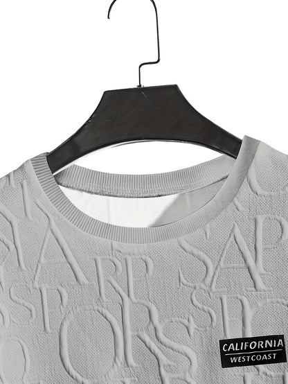 Men's Summer Casual Short Sleeve T-Shirt - Relaxed Fit Round Neck with Vertical Letter Print & Elastic Cuffs, Breathable Fabric for Daily Wear, Commuting & Outdoor Activities, Shirts for Summer