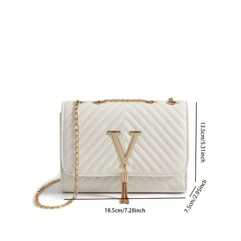 Women's Synthetic Leather Interlocking Link Crossbody Handbag & Wallet-like Detachable Strap - Golden-Tone Hardware, Closure, Golden-Tone Chain Strap, Golden-Tone Logo Accent - Elegant Synthetic Leather Purse with Closure, Wi