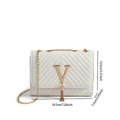 Women's Synthetic Leather Interlocking Link Crossbody Handbag & Wallet-like Detachable Strap - Golden-Tone Hardware, Closure, Golden-Tone Chain Strap, Golden-Tone Logo Accent - Elegant Synthetic Leather Purse with Closure, Wi