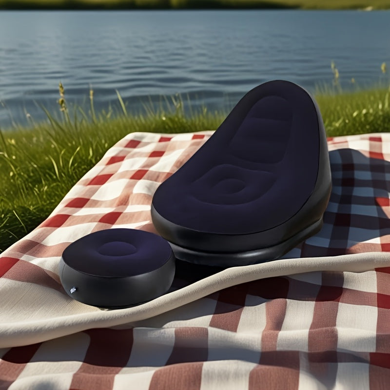 Portable Inflatable Sofa Footrest Set/Single Stool, Foldable Lounge Chair with Comfortable Velvet Upholstery, Ideal for Camping, Hiking, and Sunbathing, Includes Free Pump