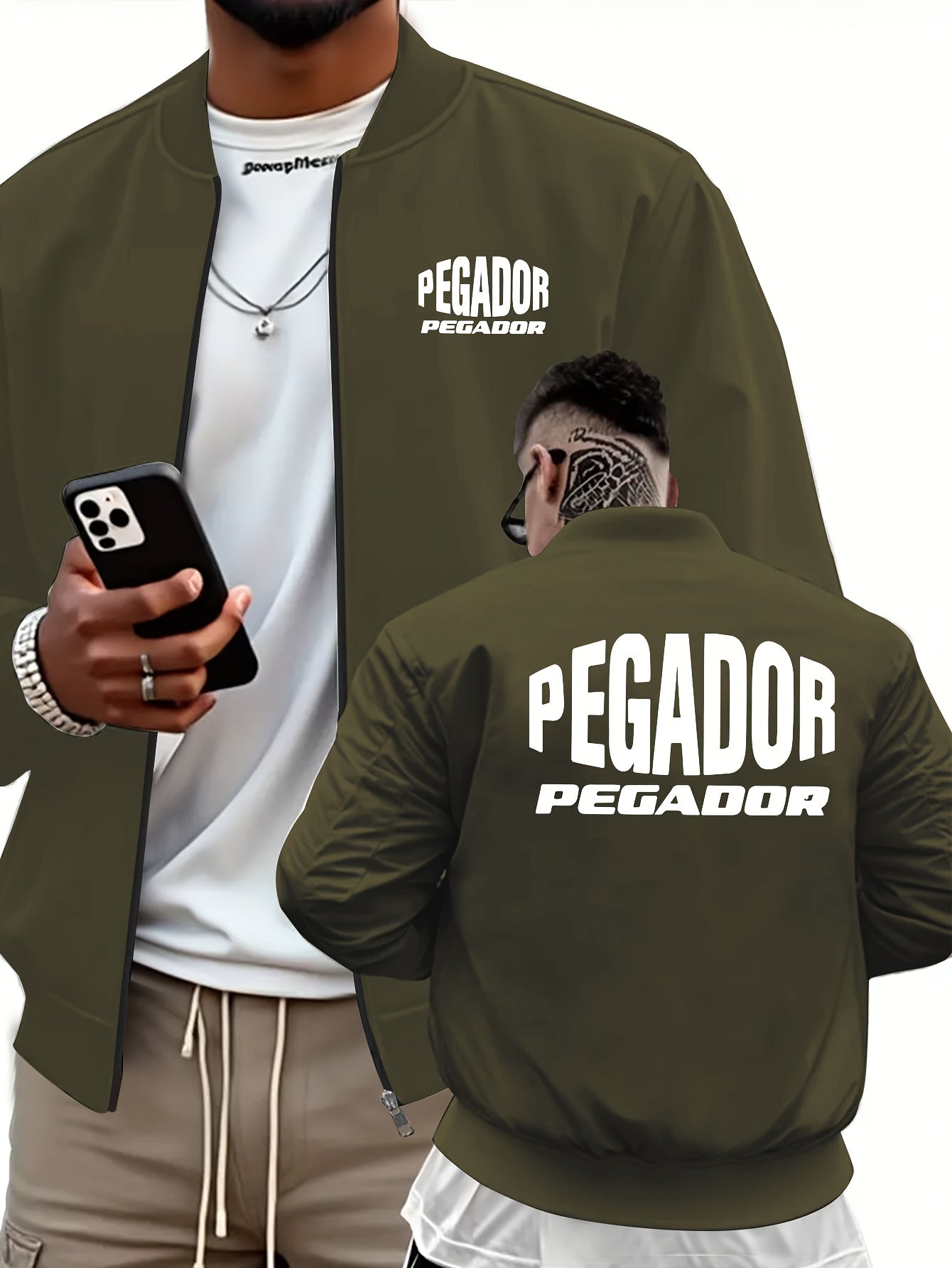 Men's Heavy-Duty Full-Zip Jacket with PEGADOR Back Print - Olive Green Full-Zip Training Coat, Full-Length Zipper Closure, Machine Washable Winter Jacket for Gym, Outdoor & Casual Wear - Athletic Windbreaker for Men, Geometri