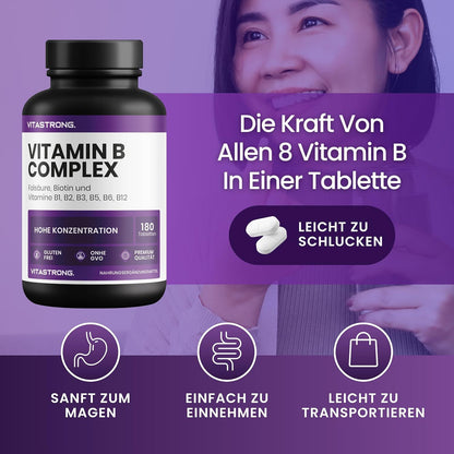 High-Dose Vitamin B Complex Vitastrong, 1 per Day, 180 Vitamin B Group Biotin, Thiamine Vitamin B1, Riboflavin B2, Niacin, Pantothenic Acid, Vitamin B6, B12