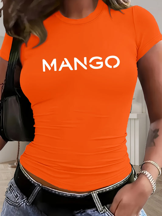 Women's Y2K Style Slim-Fit Cropped Short Sleeve T-Shirt - White with Bold Black 'MANGO' Graphic Print, Semi-Sheer Round Neck Top, Medium Stretch Machine Washable for Spring/Summer Casual Wear