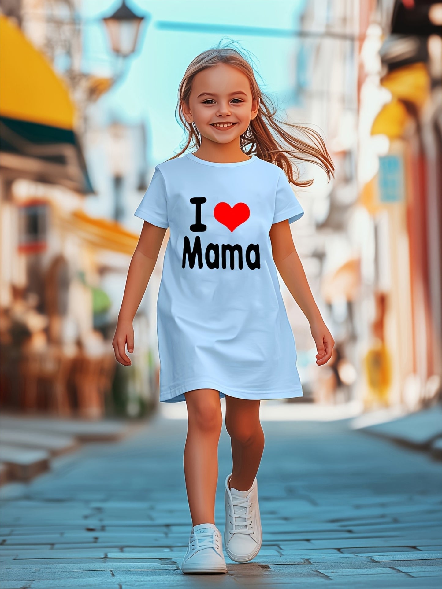 Mother'S Day Gift | "I Love Mama" Red Heart Print Short Sleeve Dress - Casual, Breathable, and Comfortable Polyester Knit, Perfect for Spring/Summer, Mother'S Day Dress | Love Heart Pattern | Comfortable Fit, Mothers Day Dres