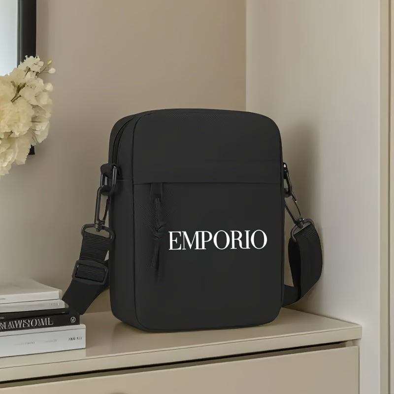Men'S Crossbody Bag with "EMPORIO" Letter Print - Minimalist Oxford Fabric Tote, Adjustable Strap, Zipper Closure - Essential for Travel, Work, and Casual Outfits - Black, Stylish Design