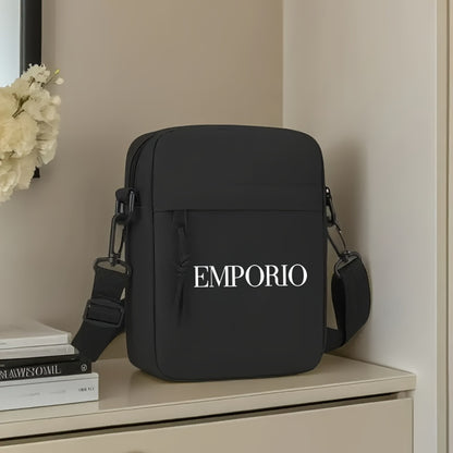 Men'S Crossbody Bag with "EMPORIO" Letter Print - Minimalist Oxford Fabric Tote, Adjustable Strap, Zipper Closure - Essential for Travel, Work, and Casual Outfits - Black, Stylish Design