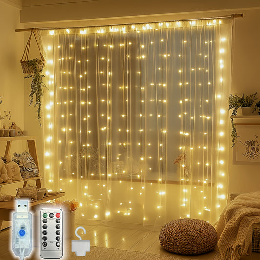 1pc, Christmas fairy lamp, 300LED fairy tale curtain lamp, USB plug, 8 modes, including timing/dimming function, DIY bedroom modeling, very suitable for Christmas, Valentine's day, home wall decoration, living room decoration