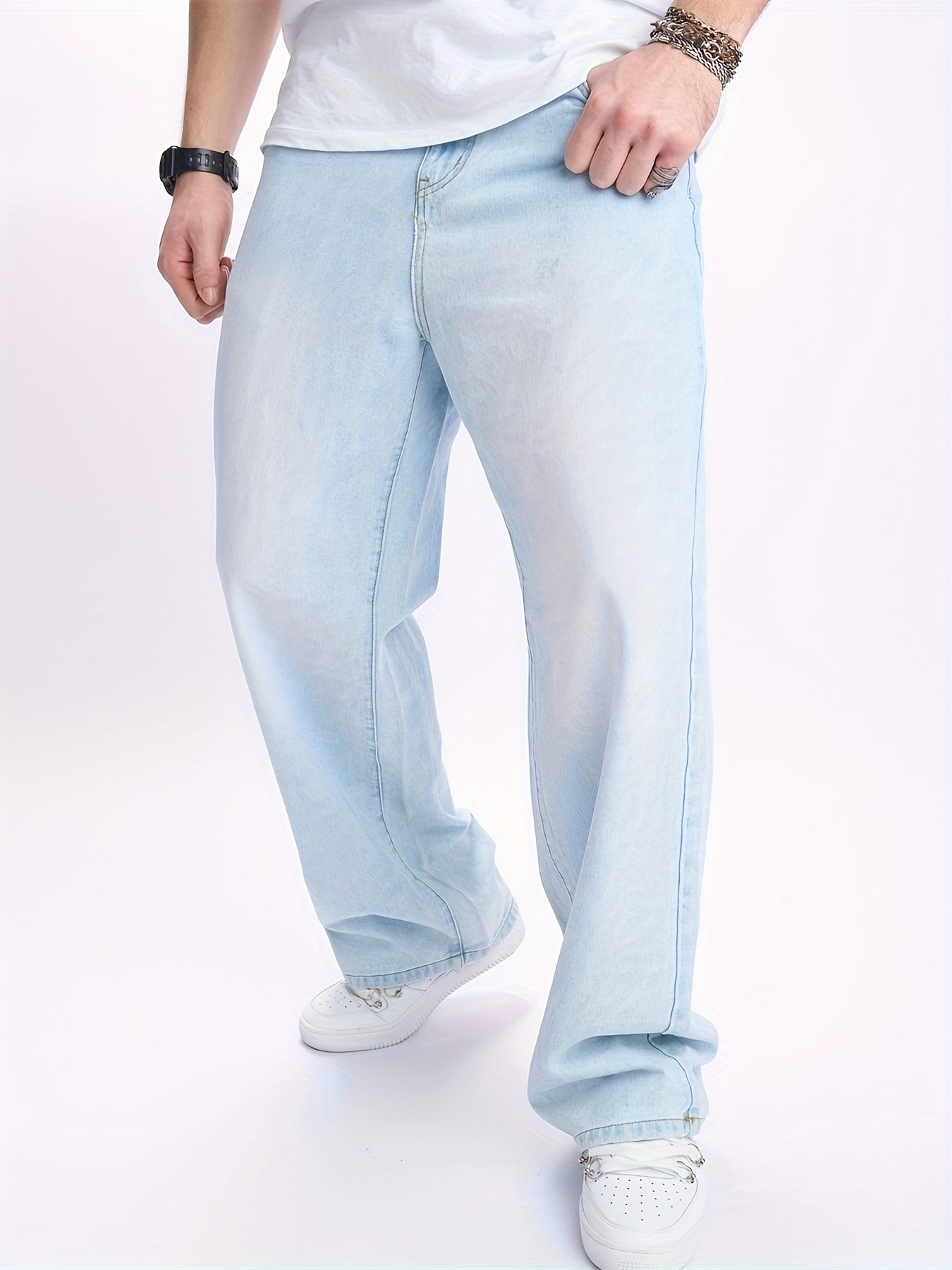 Men'S High-Street Casual Straight-Leg Jeans - Light Blue, Loose Fit, Non-Stretch Denim, Raw Wash, All-Season Comfort, Perfect for Casual Attire, Comfortable Clothing | Relaxed Fit Jeans | Nonstretch Fabric