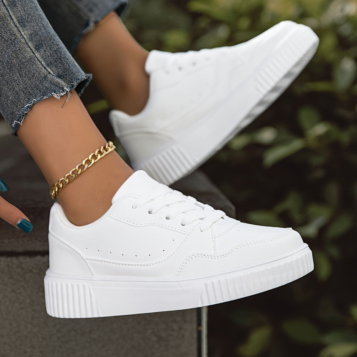 Women's White Low-Top Casual Sneakers - Lightweight Comfortable Lace-Up Shoes with Synthetic Cover Upper, EVA Cushioned Sole & Breathable Fabric Lining for All-Season Versatile Wear, Shoe Laces for Sneakers, Minimalist Design