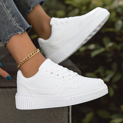 Women's White Low-Top Casual Sneakers - Lightweight Comfortable Lace-Up Shoes with Synthetic Cover Upper, EVA Cushioned Sole & Breathable Fabric Lining for All-Season Versatile Wear, Shoe Laces for Sneakers, Minimalist Design