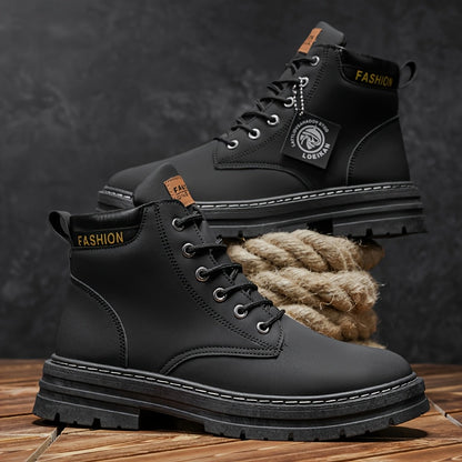 Men'S Olive Green Casual Boots - Comfortable Lace-Up Ankle Boots with Thick Cushioned PVC Sole, Round Toe & Breathable Fabric Lining for All-Season Wear, Everyday Footwear, Minimalist Design, Durable Construction