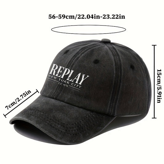 Vintage Washed Baseball Cap with "REPLAY NEW YORK CITY EST. 44.86m" Print - Adjustable Unisex Six-Panel Design, Perfect for Golf, Outdoor & Casual Wear - Distressed Retro Style Sun Hat, Essential Vacation Accessory, Urban Fas