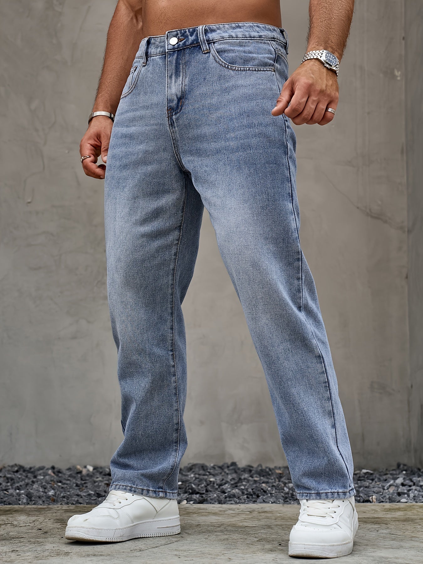 Men's Classic Regular Fit Jeans - Non-Stretch Machine-Washable Denim, Water-Washed Texture, Solid Color Casual Pants for All-Season Casual Attire, Straight Leg Jeans, Versatile Clothing, Durable Construction, Outdoor Clothing