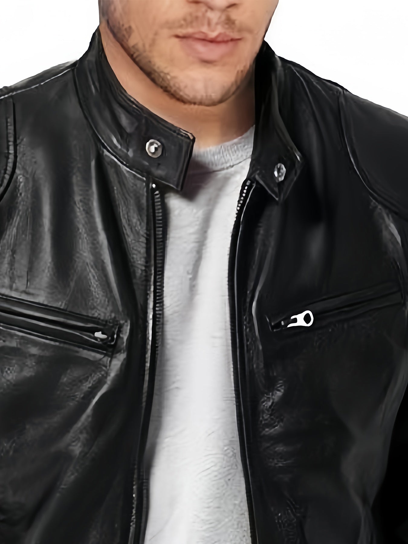 1pc Men'S Casual Faux Leather Jacket with Stand Collar, Solid Color Motorcycle Coat, Regular Fit with Pockets, Non-Stretch Woven Fabric - Spring/Fall Fashion Outerwear