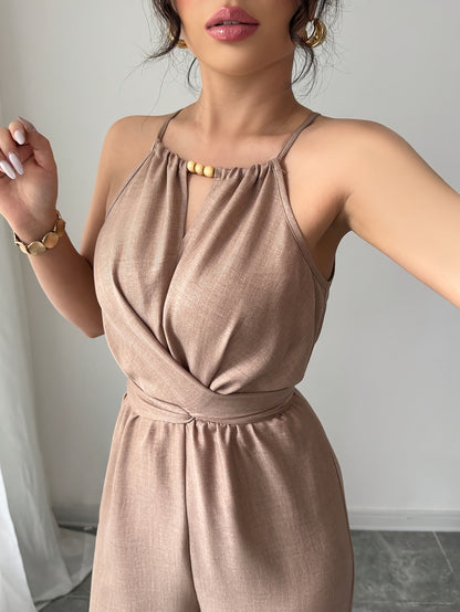 Women'S Elegant Off-Shoulder Twist Front Jumpsuit - Beige Wide-Leg Jumpsuit with Adjustable Waist Tie, Perfect for Spring & Summer Casual or Dressy Outfits, Casual Chic Wear | Offshoulder Fashion | Polyester Fabric