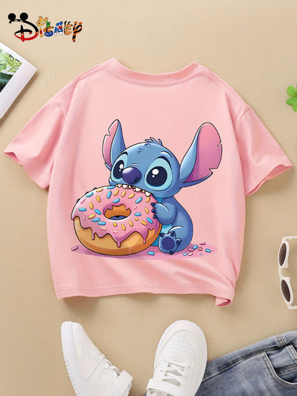 Cute Stitch Print Kids Short Sleeve Shirt 1-12Y Boys Girls Summer Outdoor Soft Fabric Breathable Top Perfect Birthday & Holiday Present