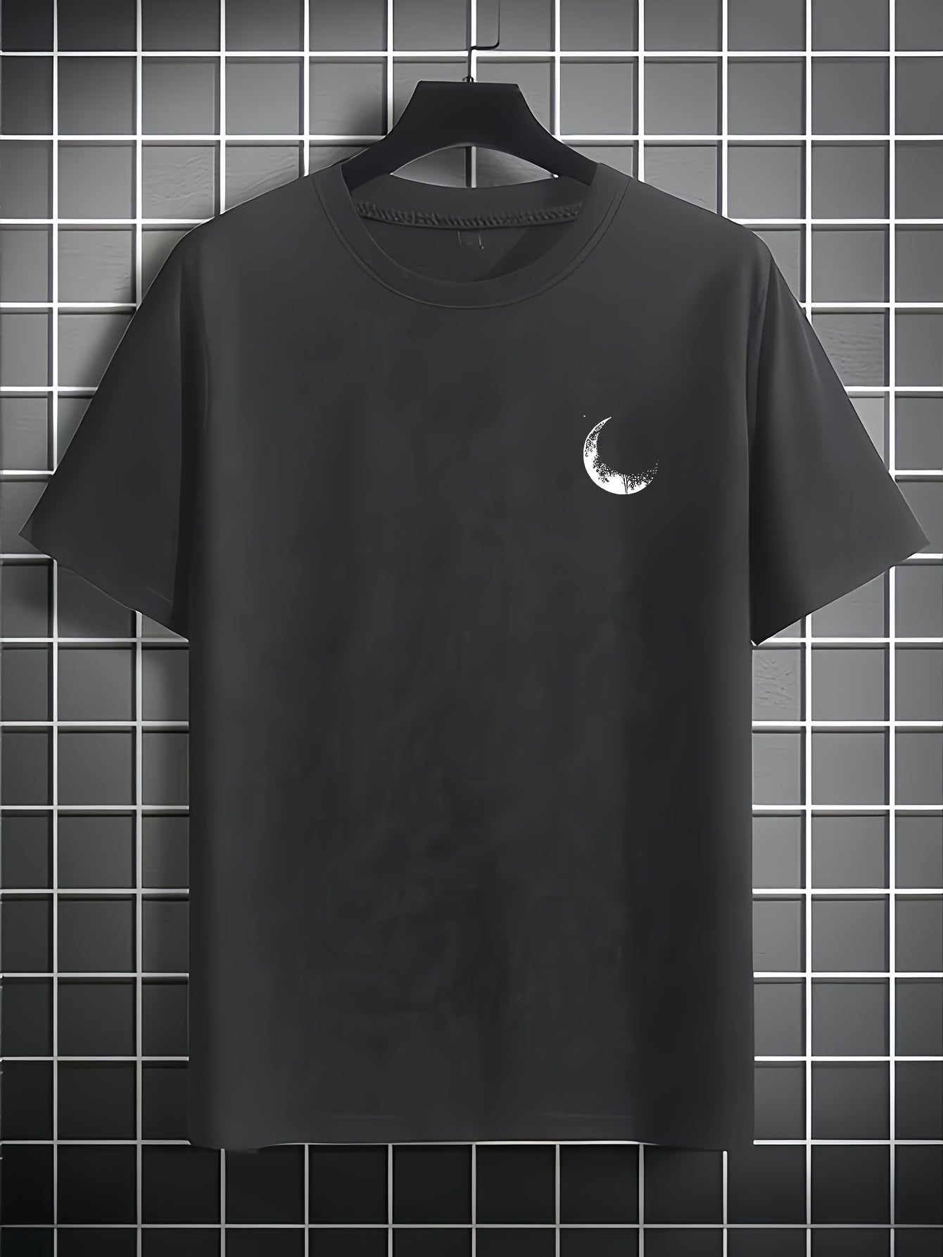 Men's Graphic Print Short Sleeve T-Shirt - Black Relaxed Fit Casual Round Neck, Durable Polyester Fabric, Machine Washable Summer Outdoor Top, Moon And Trees Design | Lightweight Clothing