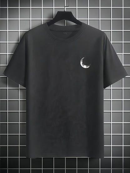 Men's Graphic Print Short Sleeve T-Shirt - Black Relaxed Fit Casual Round Neck, Durable Polyester Fabric, Machine Washable Summer Outdoor Top, Moon And Trees Design | Lightweight Clothing