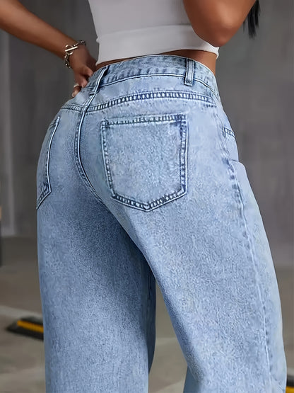 Women's 2025 new stretch loose wide leg straight jeans. acid wash light blue tummy control casual pants with pockets, high waisted comfort solid color pantalones, elegant ladies' clothing, denim trousers fit for travel, work