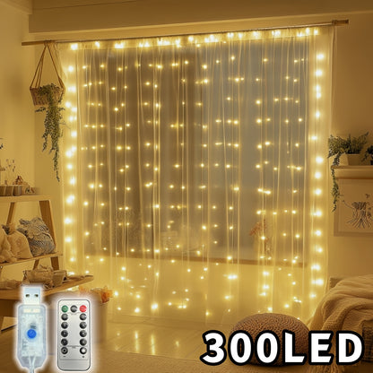 1pc, Christmas fairy lamp, 300LED fairy tale curtain lamp, USB plug, 8 modes, including timing/dimming function, DIY bedroom modeling, very suitable for Christmas, Valentine's day, home wall decoration, living room decoration