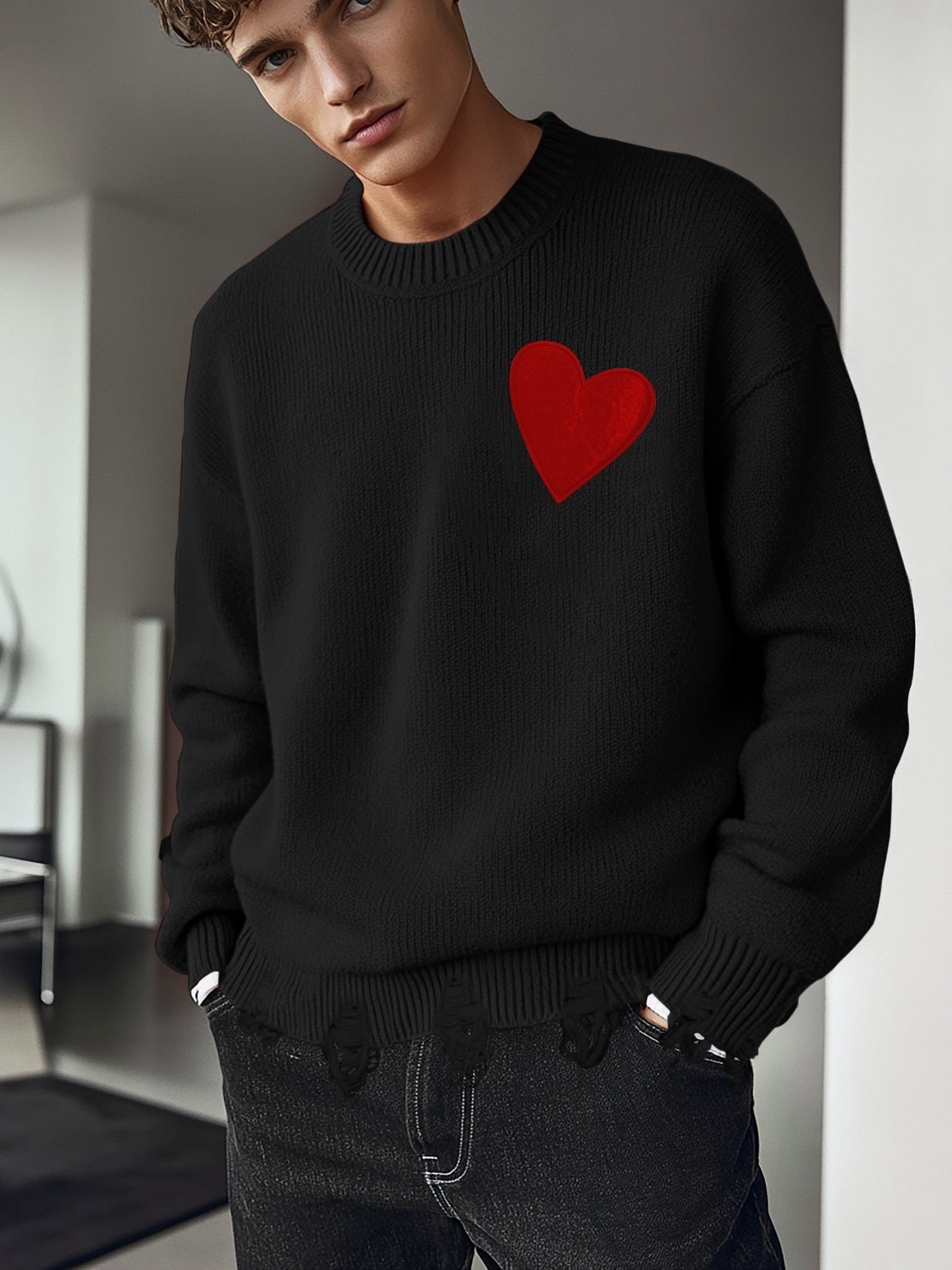 Cozy Men'S Red Heart Knit Sweater - Warm, Comfortable Loose Fit Pullover for Fall/Winter, Casual Crew Neck, Medium Stretch, Viscose Material