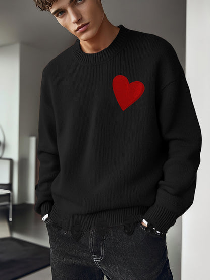 Cozy Men'S Red Heart Knit Sweater - Warm, Comfortable Loose Fit Pullover for Fall/Winter, Casual Crew Neck, Medium Stretch, Viscose Material