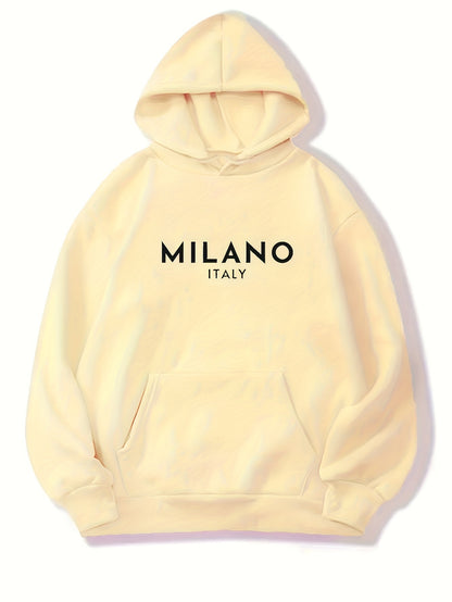 Milano Italy Polyester Hoodie for Women - 100% Knit Fabric, Alphabet Print, Casual Long Sleeve Sweatshirt with Pocket, Fashionable European Trip Inspired Hooded Sweatshirt, Spring/Summer/Fall Collection