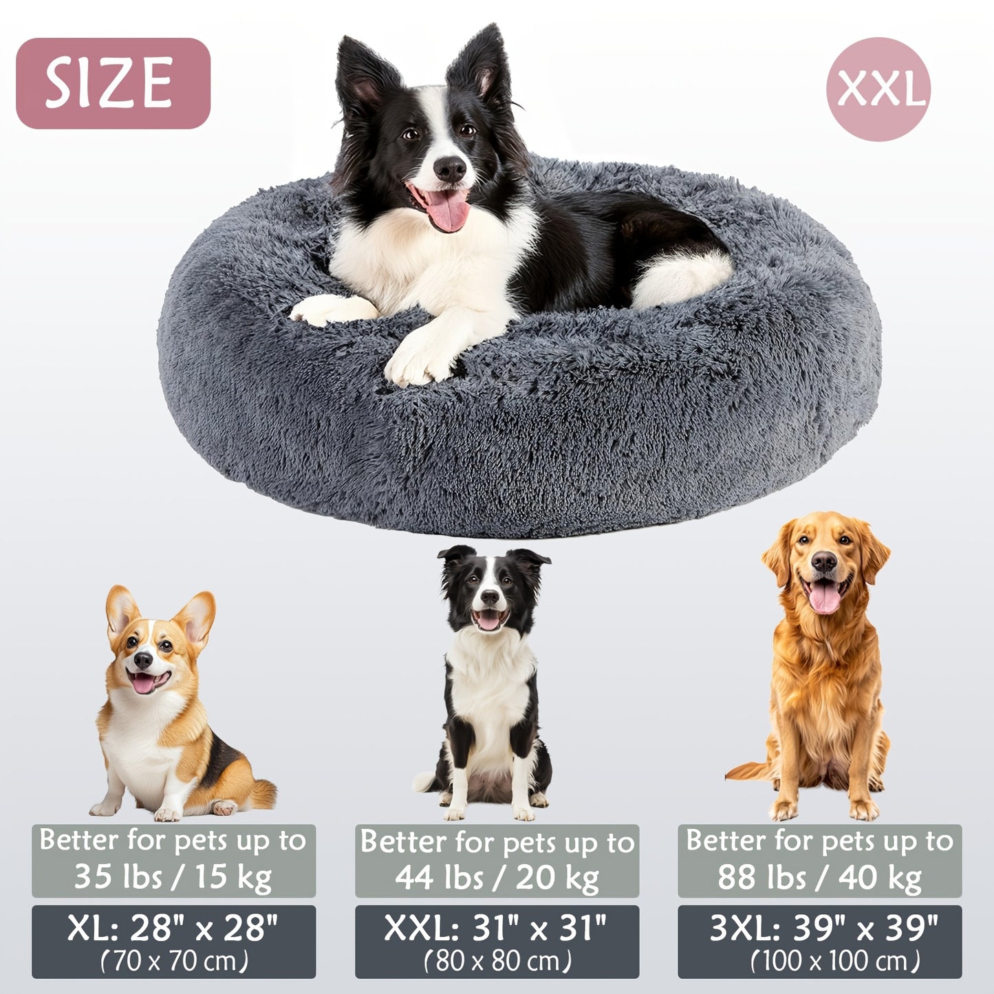 Calming Dog & Cat Bed, Donut Cuddler Warming Cozy Soft Round Bed, Fluffy Faux Fur Plush Cushion Bed For Small Medium And Large Dogs And Cats (40.64cm/50.8cm/60.96cm/71.12cm/78.74cm/99.06cm) Christmas Gift