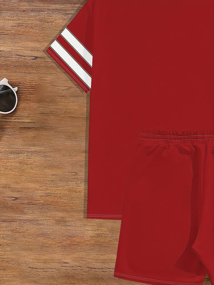 Summer Men's T-Shirt Set with Unique Digital Line Letter Print and Baseball Element Shorts Two-Piece Outfit