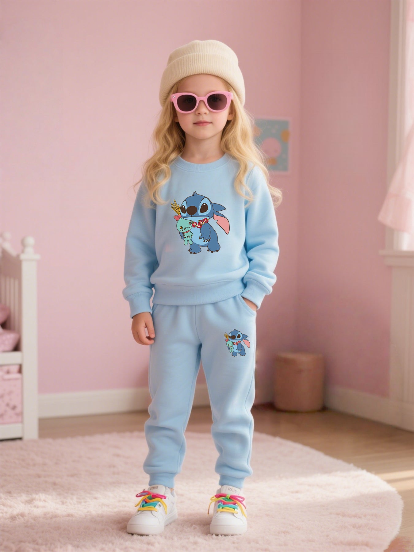 2pcs Disney Kids Casual Sweatshirt & Pants Set Stitch's Adorable Floral Adventure: A Heartwarming Cartoon Tale Long-Sleeve Crewneck, Children's clothing suitable for autumn and winter seasons, featuring cute cartoon patterns.