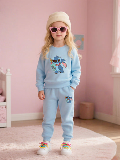 2pcs Disney Kids Casual Sweatshirt & Pants Set Stitch's Adorable Floral Adventure: A Heartwarming Cartoon Tale Long-Sleeve Crewneck, Children's clothing suitable for autumn and winter seasons, featuring cute cartoon patterns.