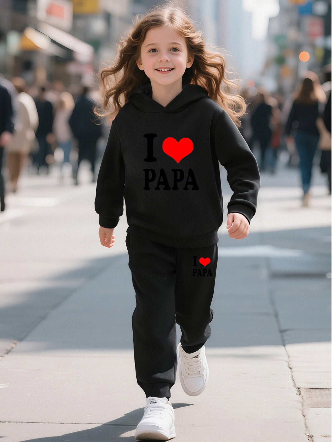 Fashionable Autumn And Winter Casual Sports Style for And "I Love Dad" Cartoon Popular Print Pattern Long-Sleeved Plus Velvet Warm Hooded Sweatshirt + Sweatpants Two-Piece Set, for Outdoor