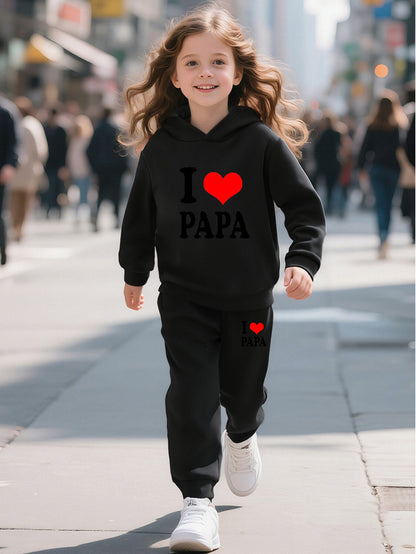 Fashionable Autumn And Winter Casual Sports Style for And "I Love Dad" Cartoon Popular Print Pattern Long-Sleeved Plus Velvet Warm Hooded Sweatshirt + Sweatpants Two-Piece Set, for Outdoor