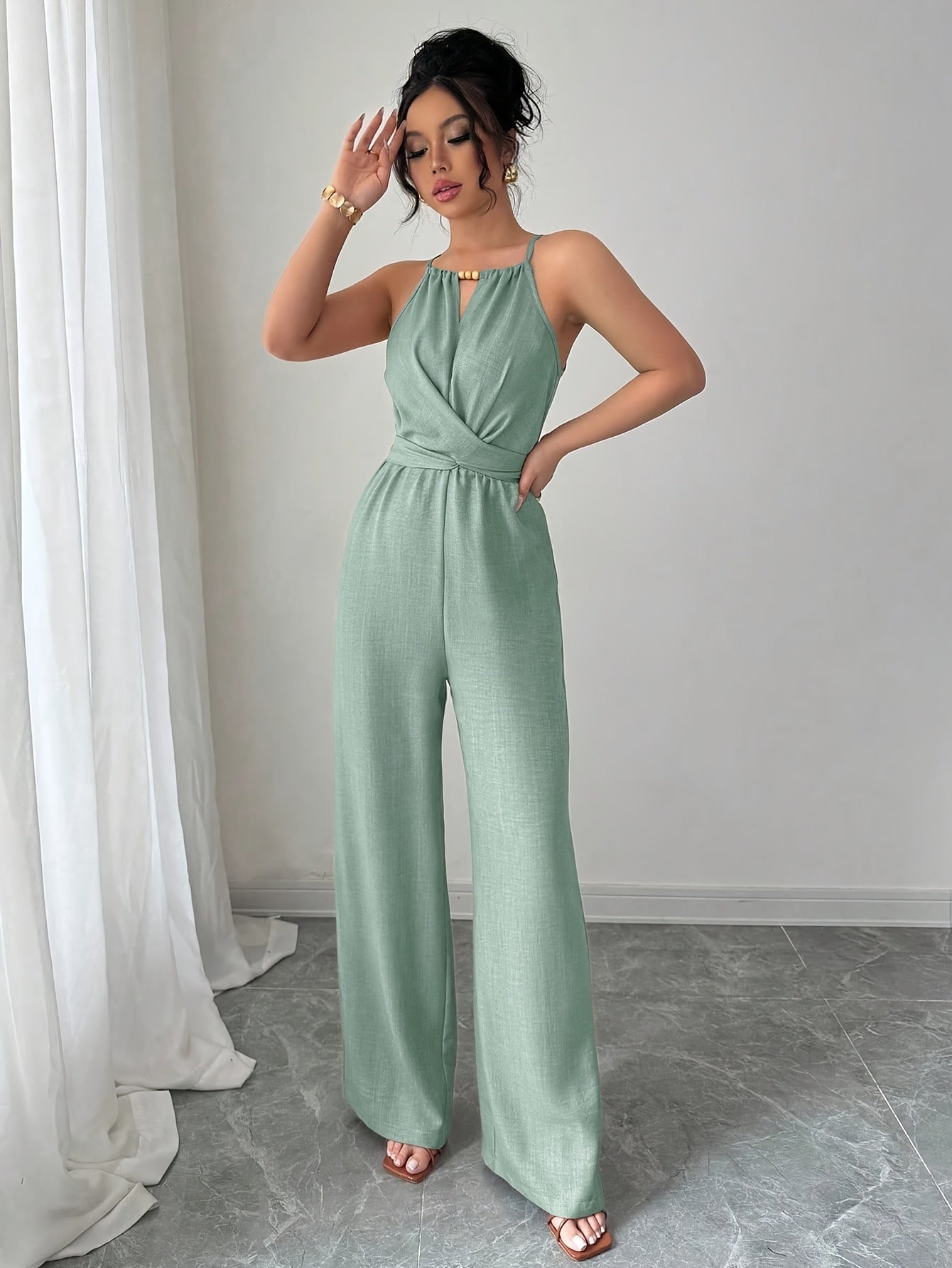 Women'S Elegant Off-Shoulder Twist Front Jumpsuit - Beige Wide-Leg Jumpsuit with Adjustable Waist Tie, Perfect for Spring & Summer Casual or Dressy Outfits, Casual Chic Wear | Offshoulder Fashion | Polyester Fabric