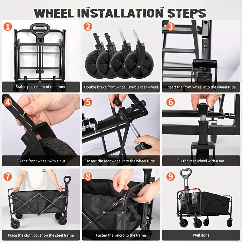 One piece Foldable camper with wheels, garden cart, multi-purpose heavy-duty four-wheeler for sports, gardening, camping and shopping, heavy duty, large capacity, black