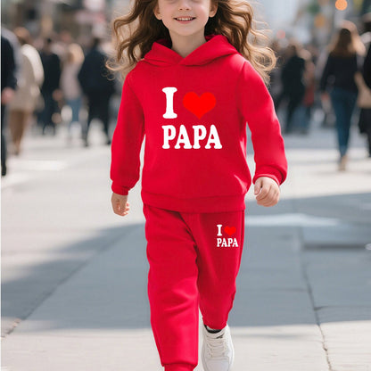 2pcs Back-to-School Season Fashionable Autumn/Winter Casual Sporty Style Girls' "I Love Dad" Cartoon Print Long Sleeve Fleece-Lined Hoodie + Sweatpants Set, Perfect for Outdoor
