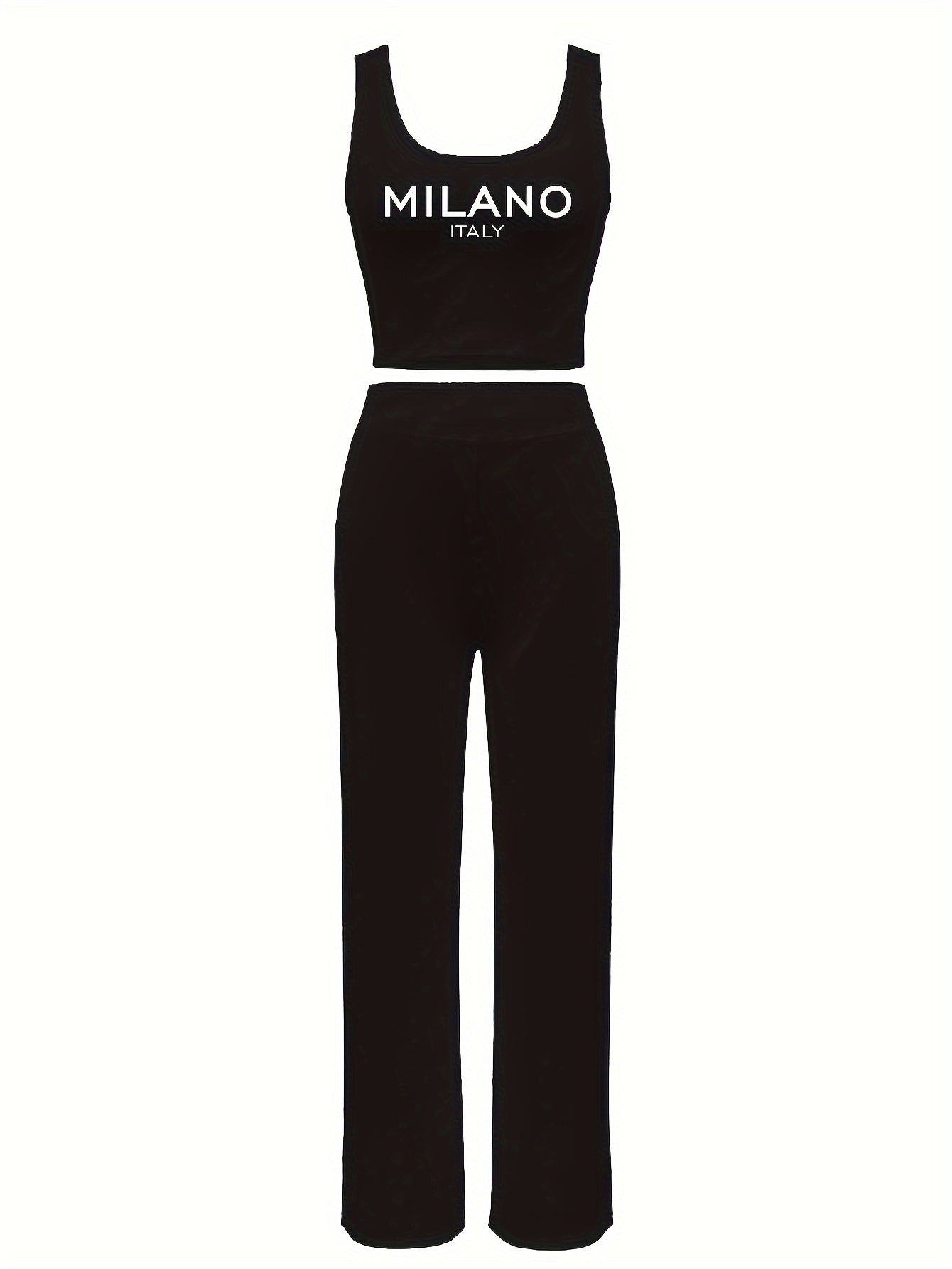 Chic Letter Print Casual Outfit for Women - Sleeveless Crop Top & Drawstring Pants Set, Stretchy Polyester Blend, Machine Washable