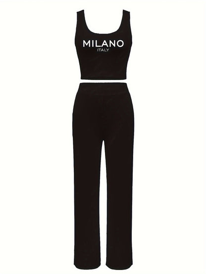 Chic Letter Print Casual Outfit for Women - Sleeveless Crop Top & Drawstring Pants Set, Stretchy Polyester Blend, Machine Washable