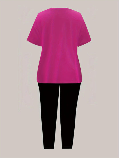 Women'S "Klein" Print Short Sleeve T-Shirt & Black Pants Two-Piece Set - Casual, Stretchy Fabric, Pink & Black Design, Spring/Summer Casual Wear, Casual Attire|Graphic Tee|Stretchy