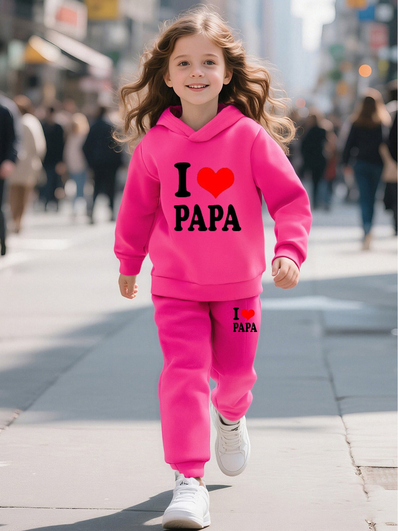 Fashionable Autumn And Winter Casual Sports Style for And "I Love Dad" Cartoon Popular Print Pattern Long-Sleeved Plus Velvet Warm Hooded Sweatshirt + Sweatpants Two-Piece Set, for Outdoor