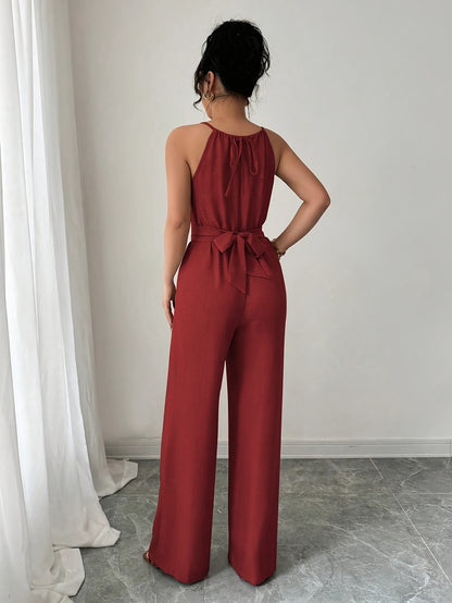 Women'S Elegant Off-Shoulder Twist Front Jumpsuit - Beige Wide-Leg Jumpsuit with Adjustable Waist Tie, Perfect for Spring & Summer Casual or Dressy Outfits, Casual Chic Wear | Offshoulder Fashion | Polyester Fabric